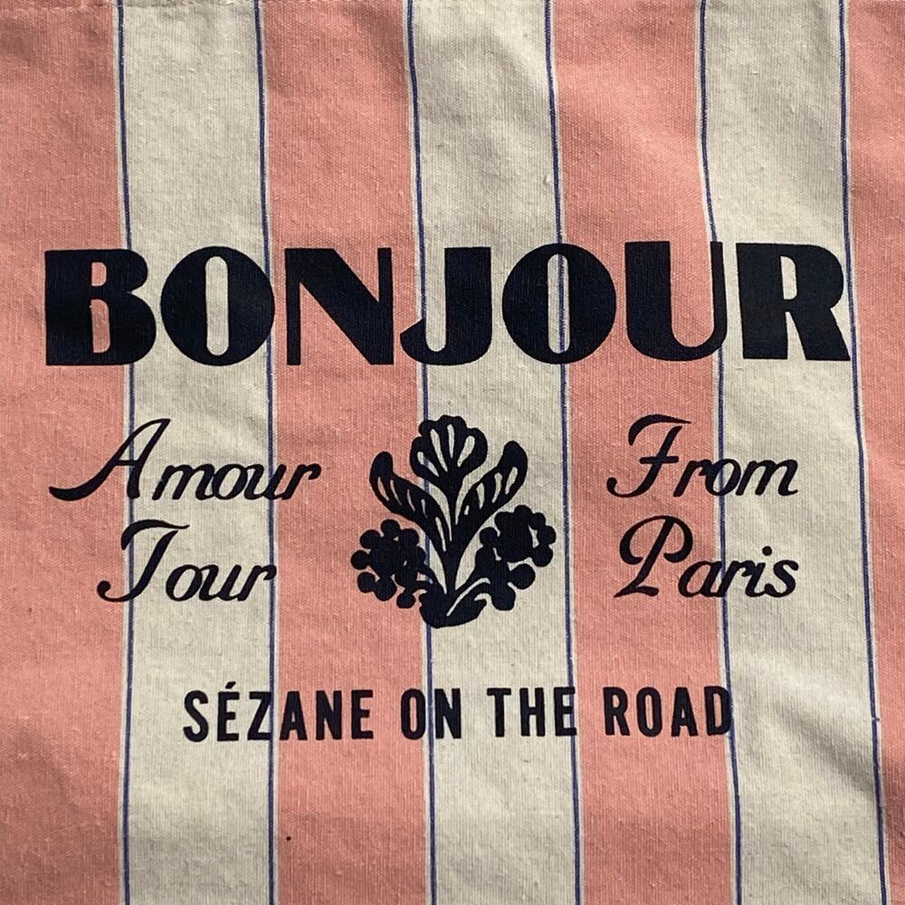 Sezane Bonjour Amour Tour From Paris Pink Striped Canvas Tote Bag - Picture 2 of 10